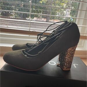 Never been worn olive lace up heels with 3.5 inch gold glitter heels